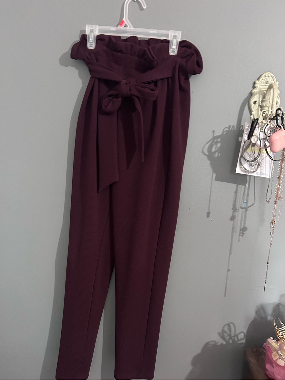 Paperbag Waist Tie-Front Jumpsuit Pants - Burgundy